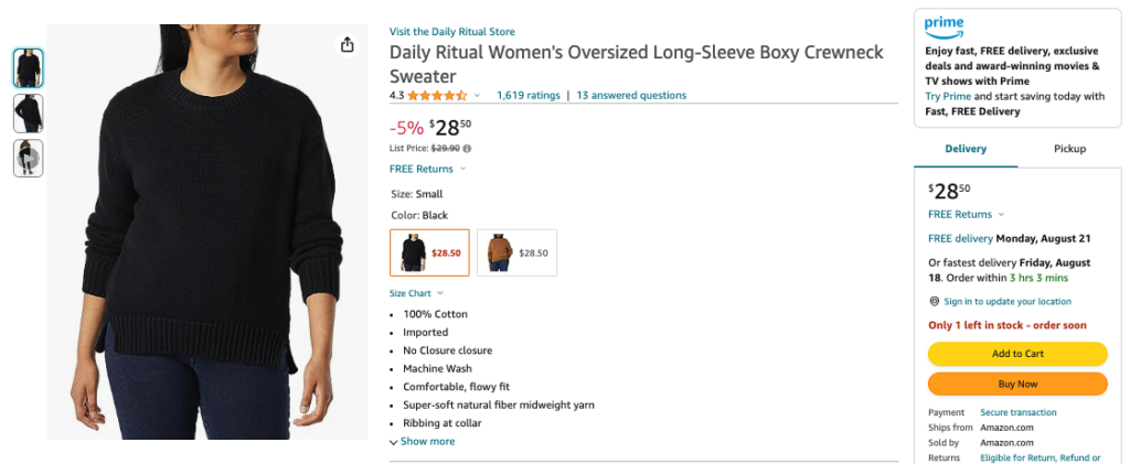An image of an Amazon product listing for a Daily Ritual brand women's crewneck sweater.