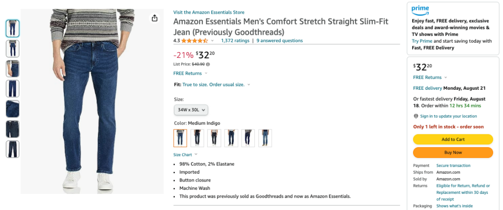 An image showing an Amazon private label brand product listing for a pair of men's jeans. The title of the product reads: Amazon Essentials Men's Comfort Stretch Straight Slim-Fit Jean (Previously Goodthreads)