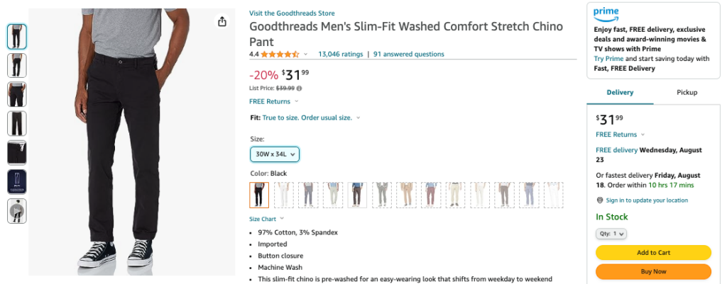 An image of an Amazon product listing for a pair of Goodthreads brand men's chino pants.