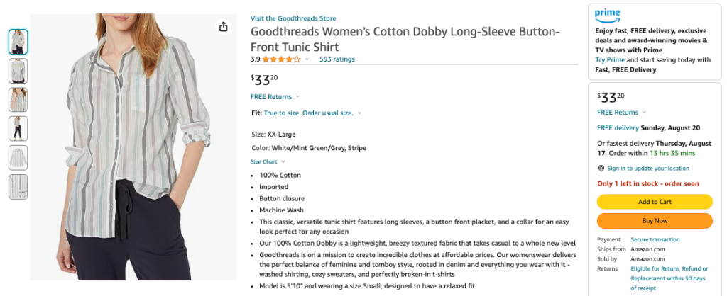 An image of an Amazon product listing for a Goodthreads brand women's tunic shirt.