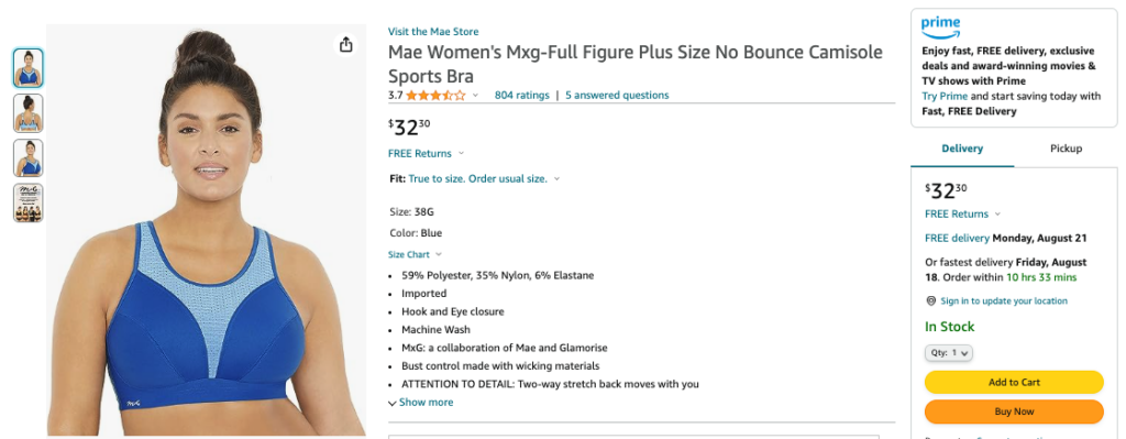 An image of an Amazon product listing for a Mae brand women's sports bra. 