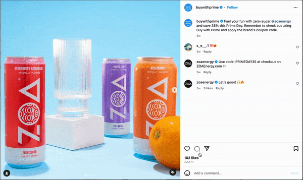 An image of a co-branded Amazon Buy with Prime advertisement on social media.