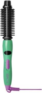 An image of a Flower Beauty brand heat styling brush. The handle of the brush is mint green, with a purple power switch and purple lettering that reads "Flower". The cord is also purple. The top of the brush is black and circular with multiple bristles coming out of the sides.